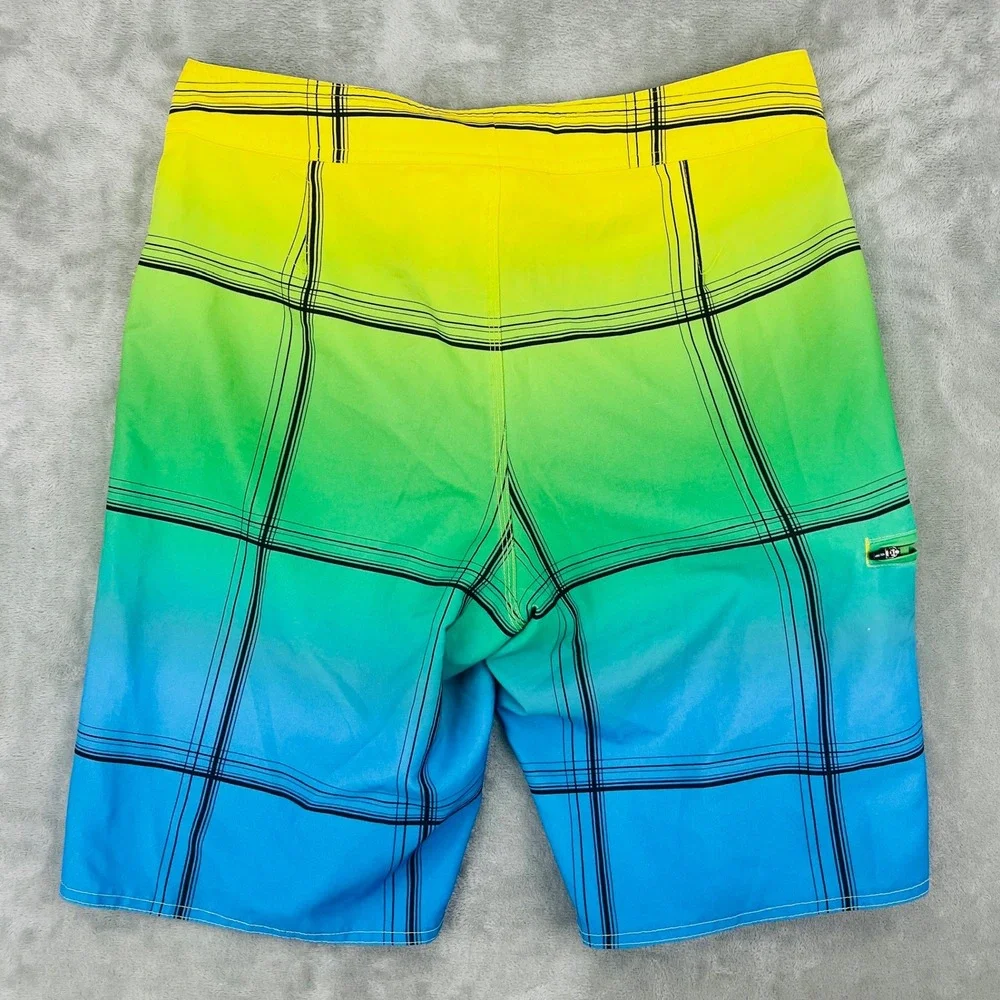 Hang‎ Ten Mens Board Shorts Size 32 Ombre Plaid Yellow Green Blue Swim Trunks